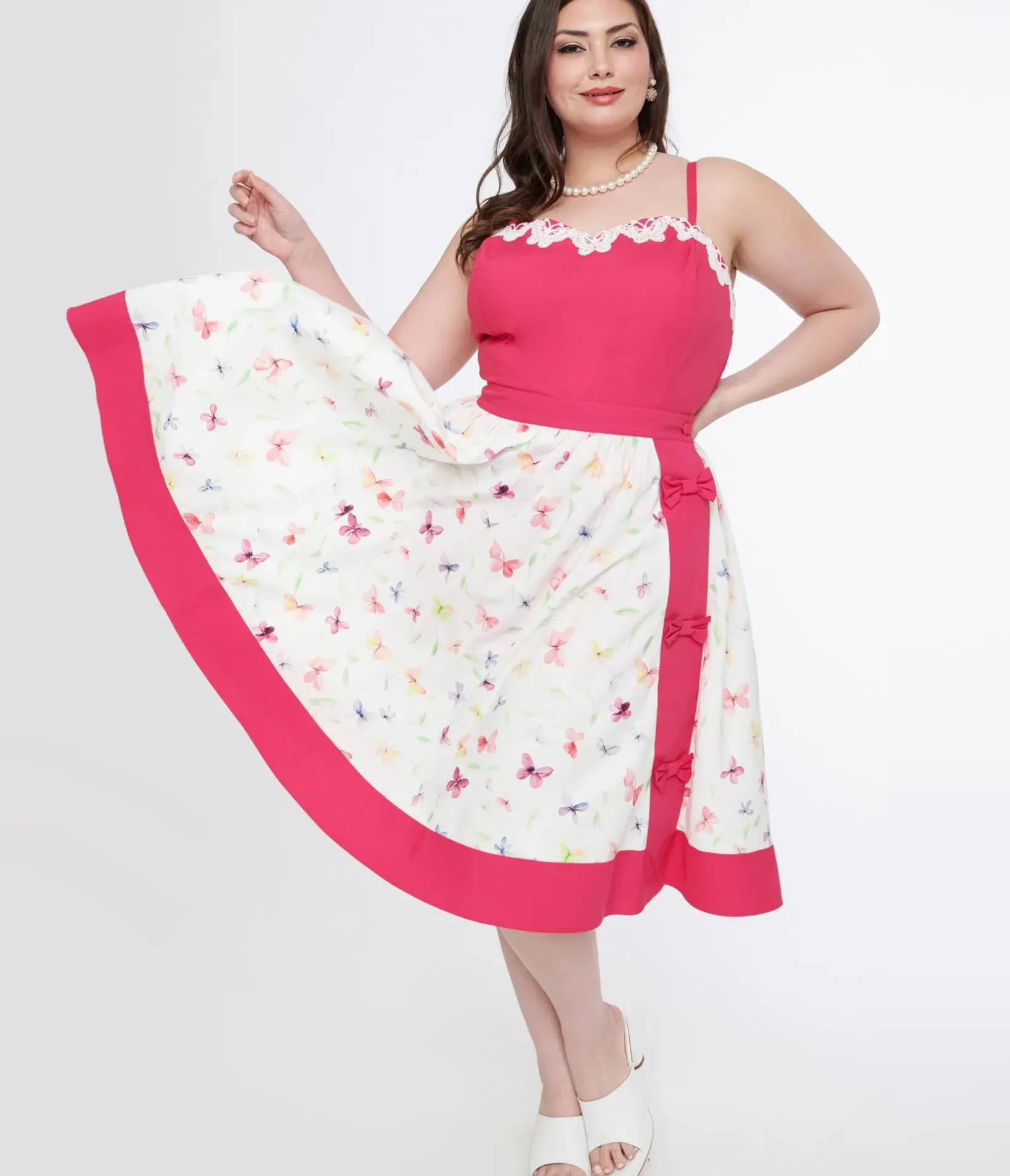 Unique Vintage Skirts|Skirts>Plus Size 1950s Hot Pink & White Butterfly Print Rye Swing Skirt