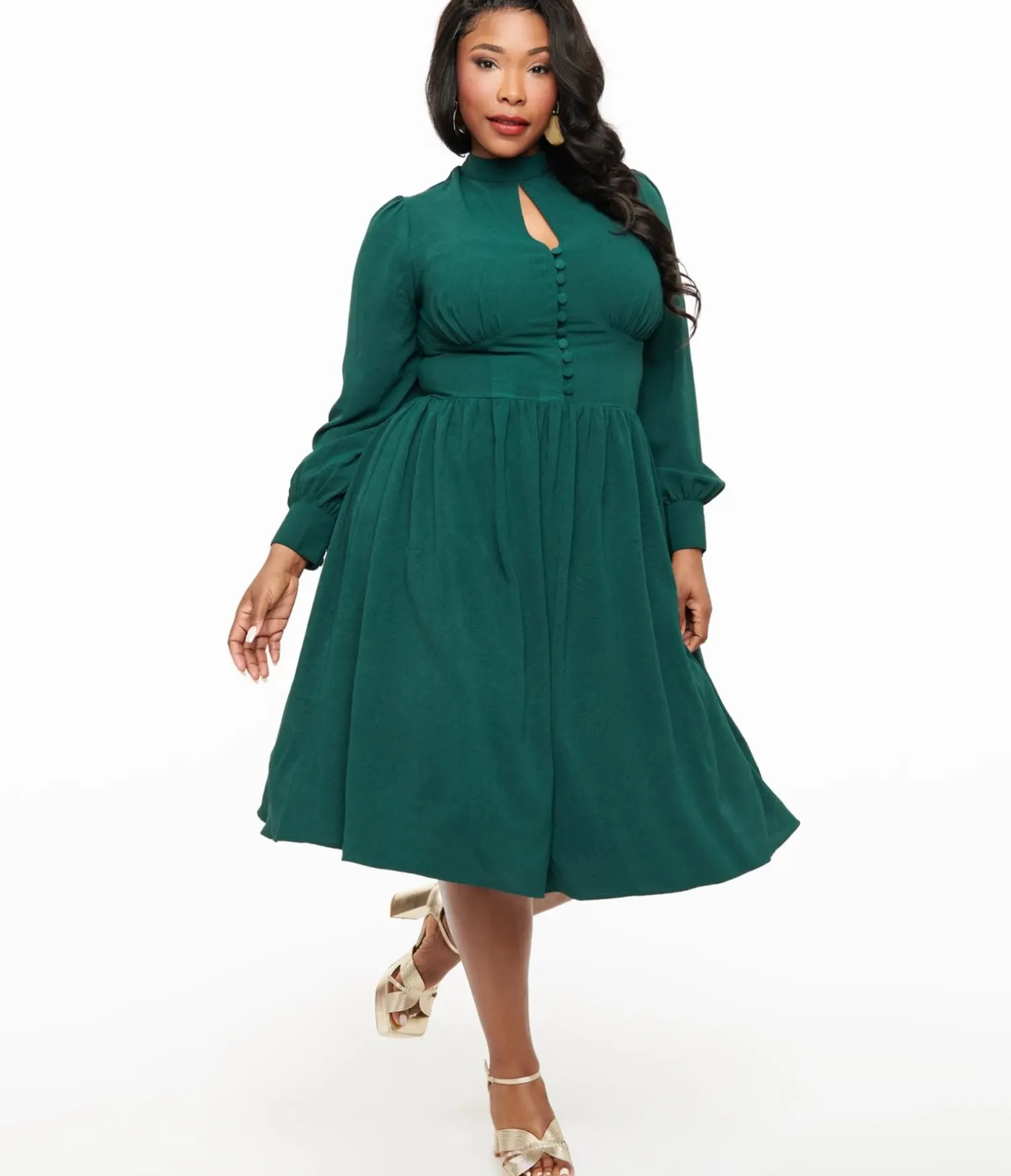 Unique Vintage Swing|Swing>Plus Size 1970s Hunter Green Keyhole Swing Dress