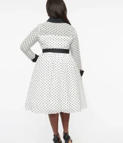 Unique Vintage Swing|Swing>Plus Size 1950s Ivory & Black Polka Dot Tulle Swing Dress