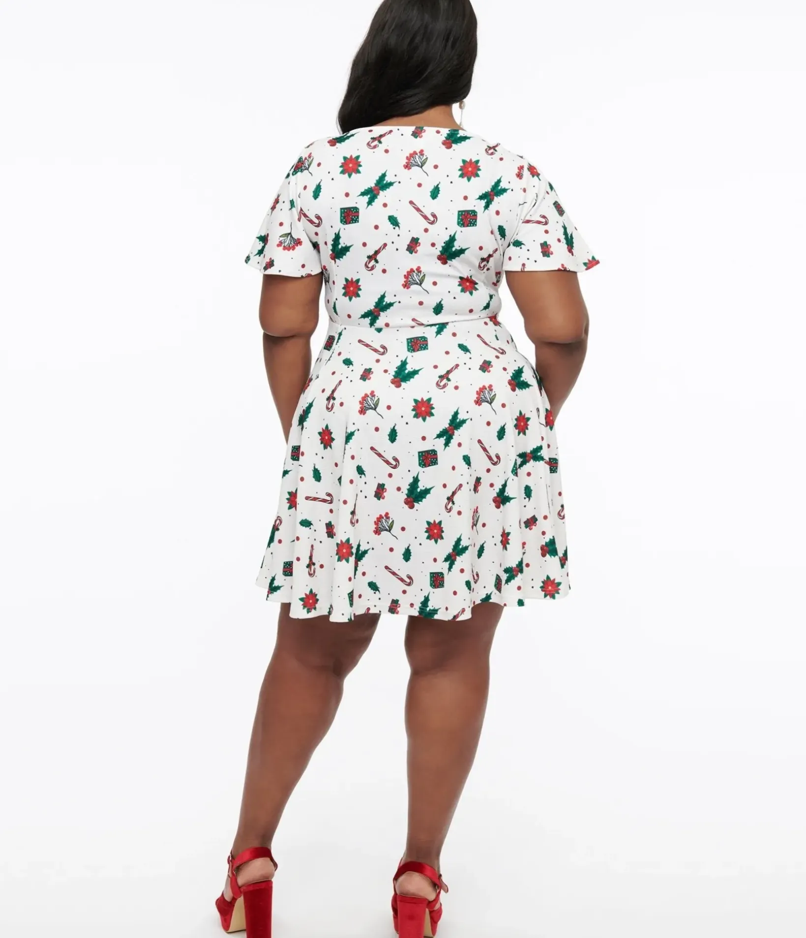 Unique Vintage Fit & Flare|Pocket Dresses>Plus Size 1950s Ivory Christmas Print Poppy Flare Dress