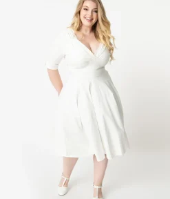 Unique Vintage Swing|Pocket Dresses>Plus Size 1950s Ivory Delores Swing Dress with Sleeves