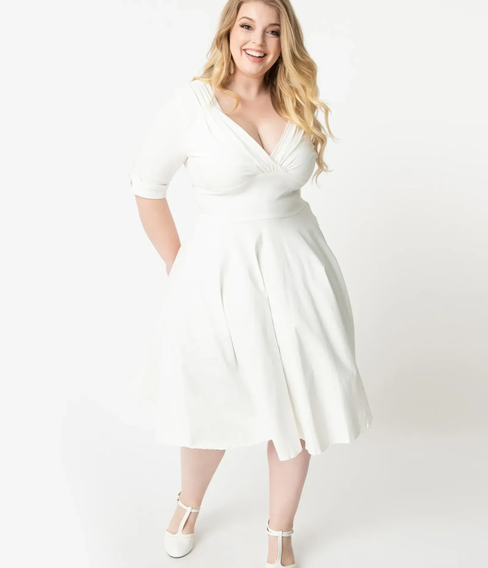 Unique Vintage Swing|Pocket Dresses>Plus Size 1950s Ivory Delores Swing Dress with Sleeves