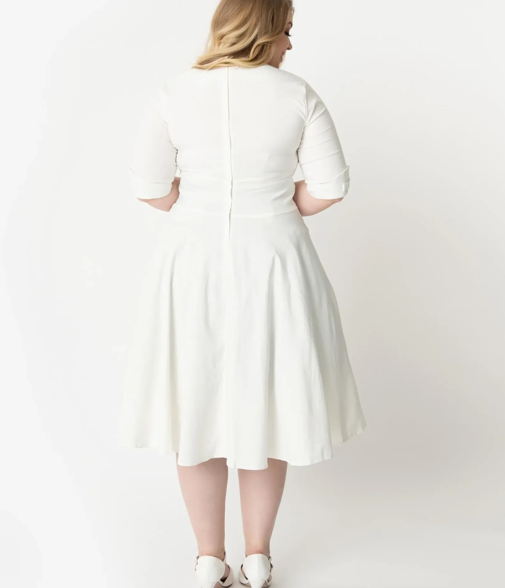 Unique Vintage Swing|Pocket Dresses>Plus Size 1950s Ivory Delores Swing Dress with Sleeves