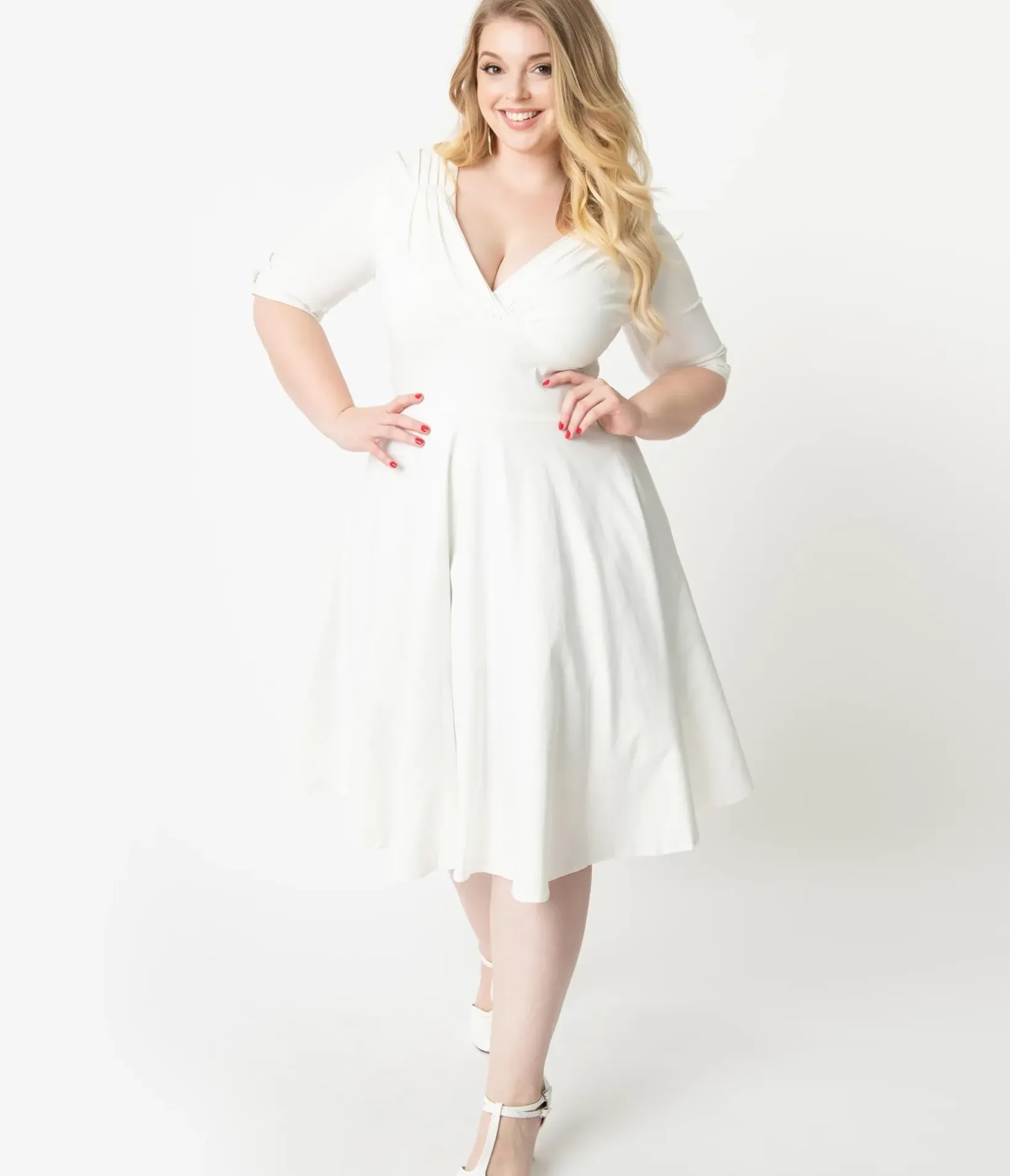 Unique Vintage Swing|Pocket Dresses>Plus Size 1950s Ivory Delores Swing Dress with Sleeves