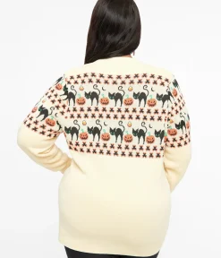 Unique Vintage Sweaters & Cardigans|Halloween>Plus Size 1960s Ivory & Orange Halloween Print Cardigan