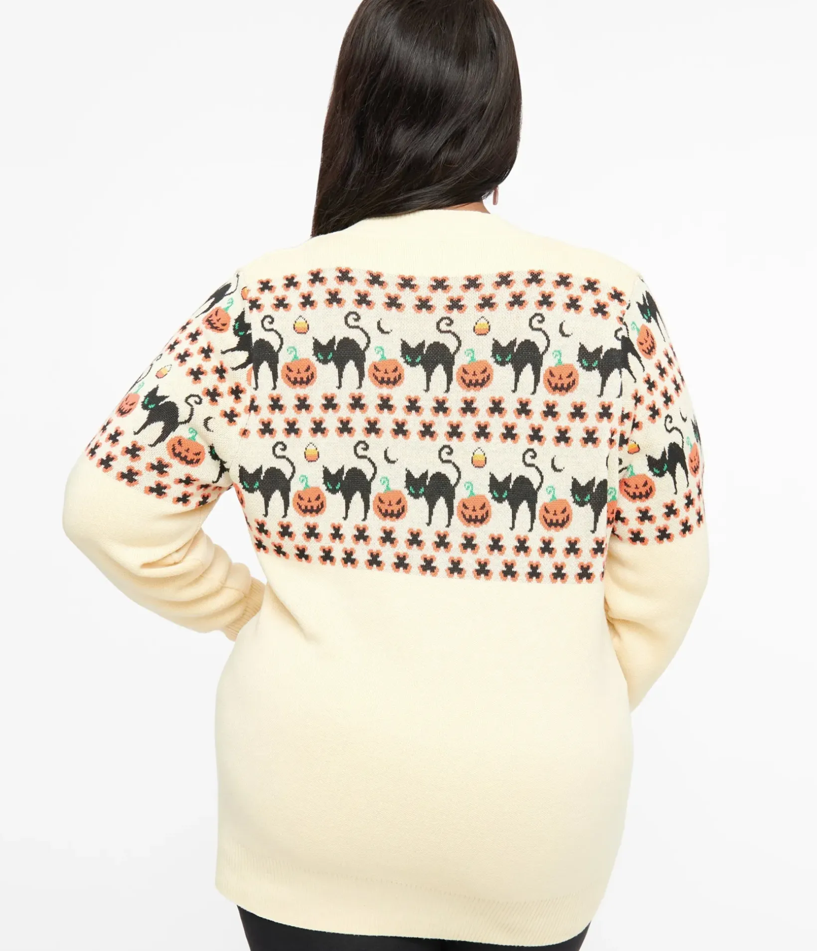 Unique Vintage Sweaters & Cardigans|Halloween>Plus Size 1960s Ivory & Orange Halloween Print Cardigan