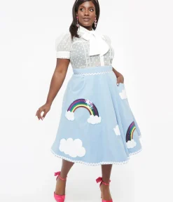 Unique Vintage Skirts|Skirts>Plus Size 1950s Light Blue & Rainbow Sequin Soda Shop Swing Skirt