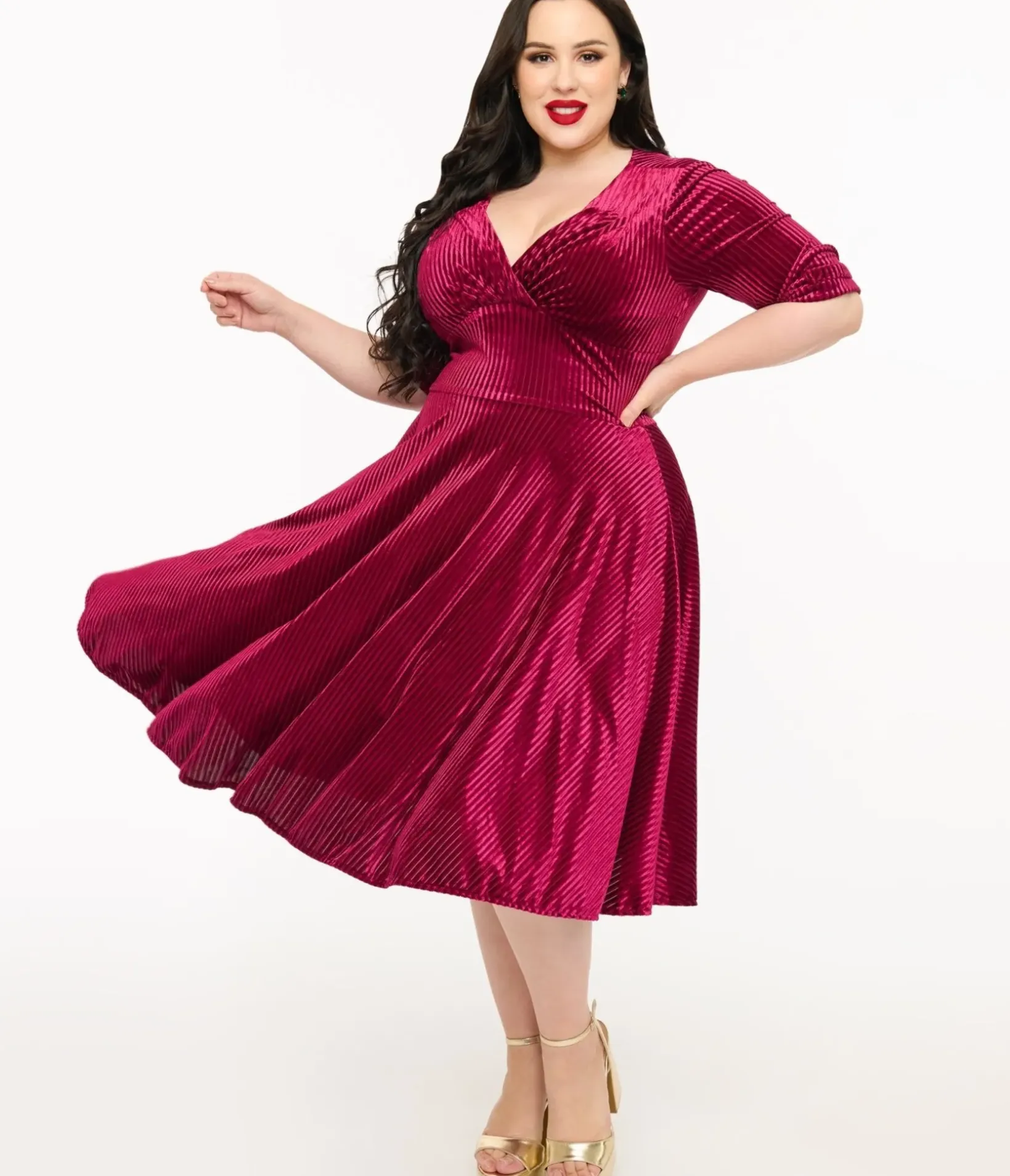 Unique Vintage Swing|Swing>Plus Size 1950s Merlot Textured Velvet Delores Swing Dress