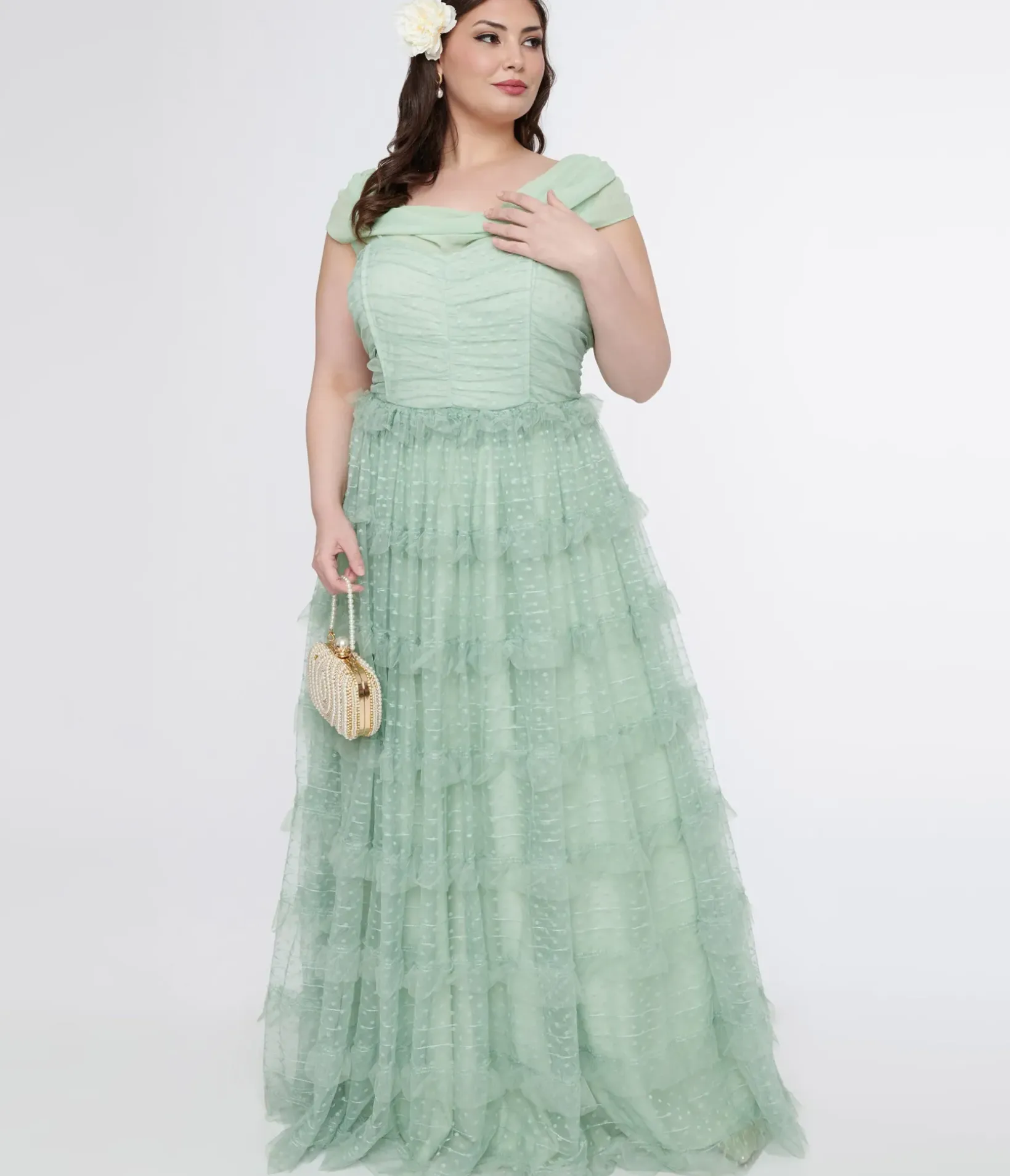 Unique Vintage Everyday Dresses|Special Occasion>Plus Size 1950s Mint Green Clip Dot Off The Shoulder Cocktail Dress