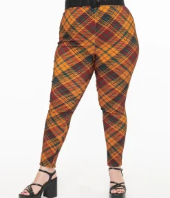 Unique Vintage Pants|Pants>Plus Size 1960s Mustard & Burgundy Plaid High Waist Cigarette Pants