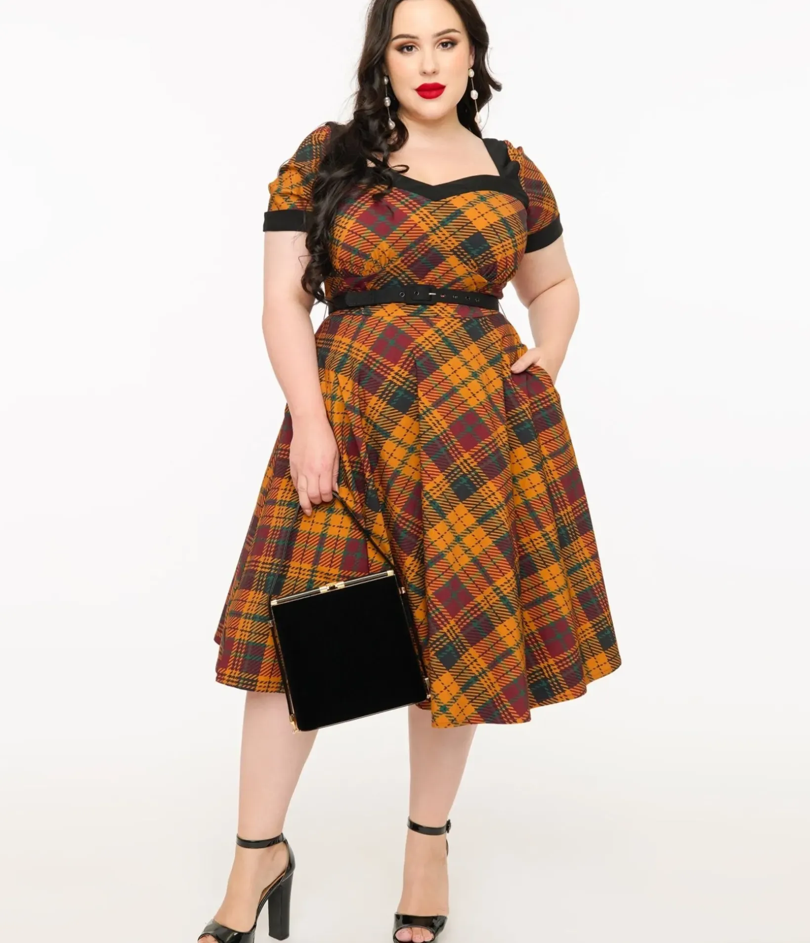 Unique Vintage Swing|Pocket Dresses>Plus Size 1950s Mustard Yellow & Burgundy Plaid Swing Dress