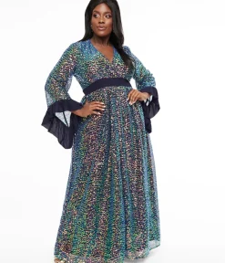 Unique Vintage Maxi|Midi & Maxi>Plus Size 1970s Navy Glitter Sequin Maxi Dress
