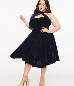 Unique Vintage Swing|Fit & Flare>Plus Size 1950s Navy Velvet Criss Cross Halter Rita Flare Dress