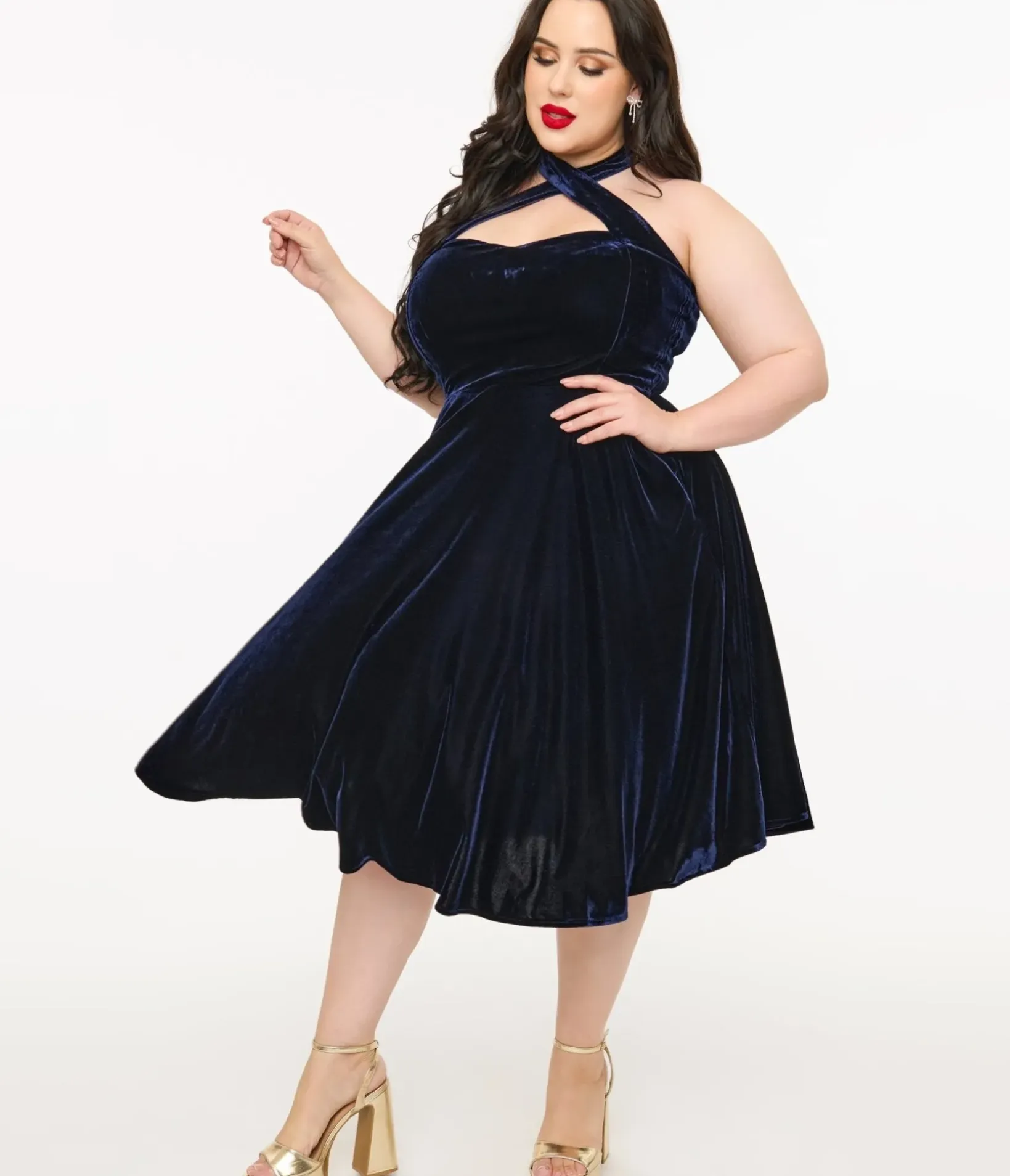 Unique Vintage Swing|Fit & Flare>Plus Size 1950s Navy Velvet Criss Cross Halter Rita Flare Dress