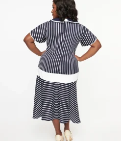 Unique Vintage Special Occasion|Flapper Dresses>Plus Size 1920s Navy & White Striped Flapper Dress