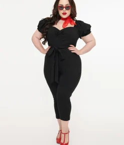 Unique Vintage Rompers & Jumpsuits|Rompers & Jumpsuits>Plus Size Solid Black Belted Jumpsuit