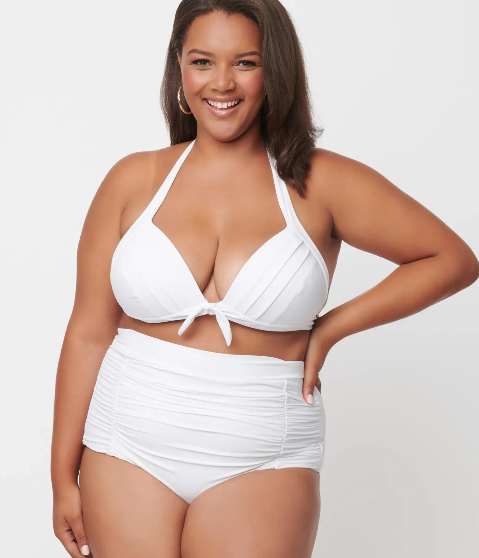 Unique Vintage Two Piece Swim|Swim Tops>Plus Size Solid White Monroe Halter Swim Top
