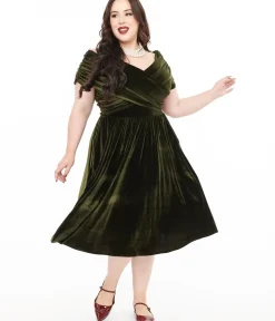 Unique Vintage Swing|Pocket Dresses>Plus Size 1950s Olive Green Shirred Velvet Swing Dress