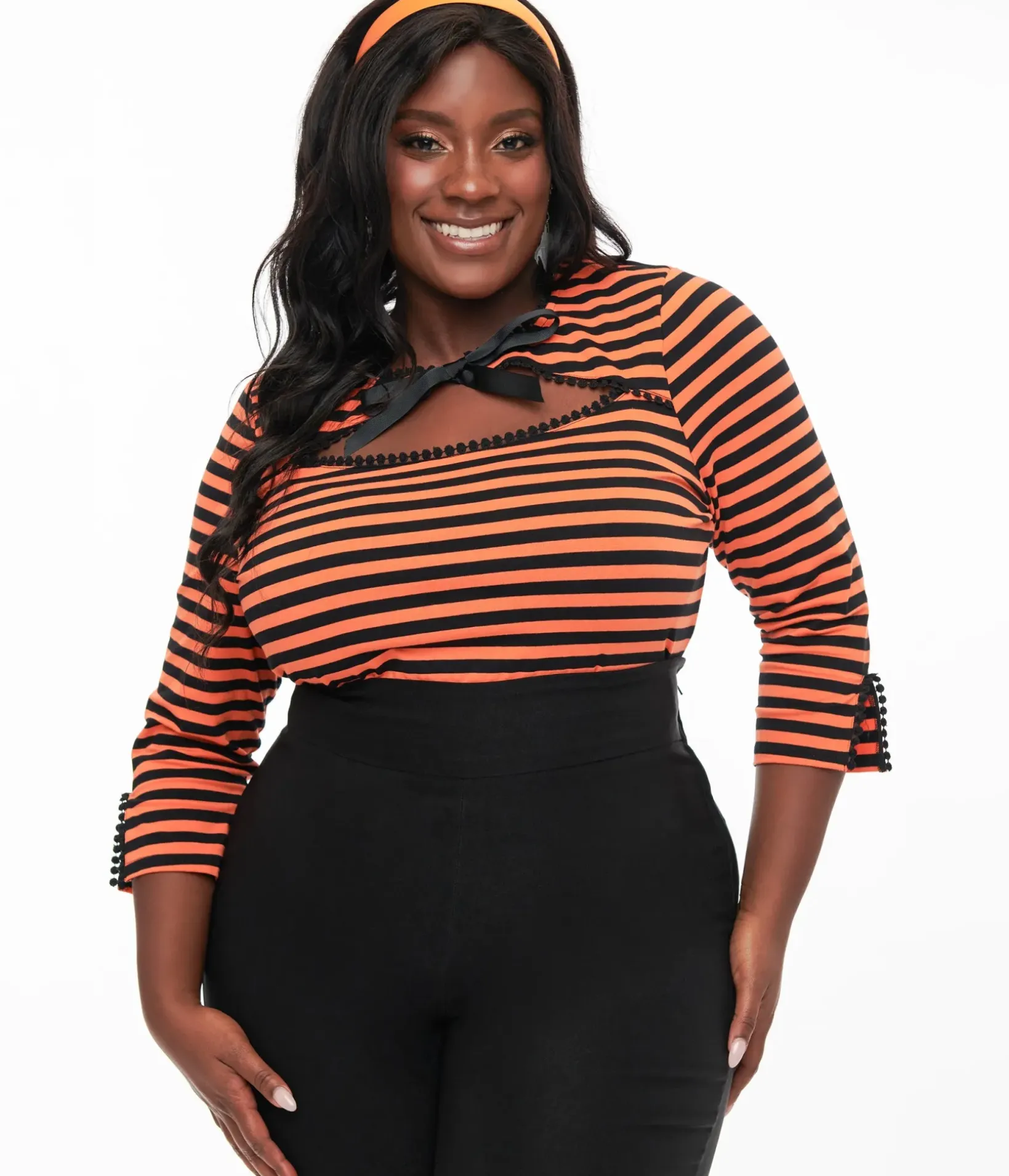 Unique Vintage All Things Black|Halloween>Plus Size 1950s Orange & Black Stripe Cutout Neck Tie Top