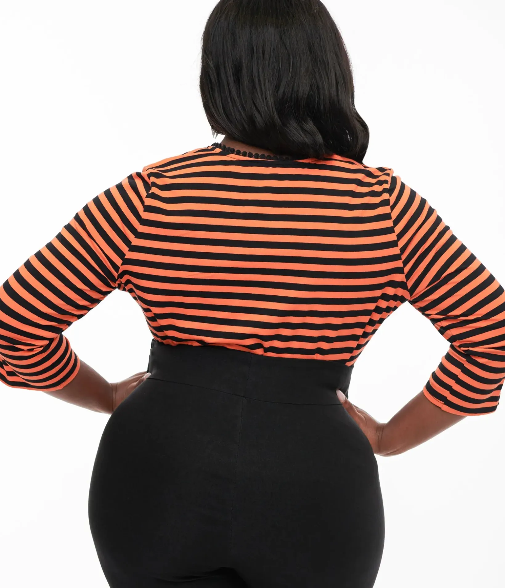 Unique Vintage All Things Black|Halloween>Plus Size 1950s Orange & Black Stripe Cutout Neck Tie Top