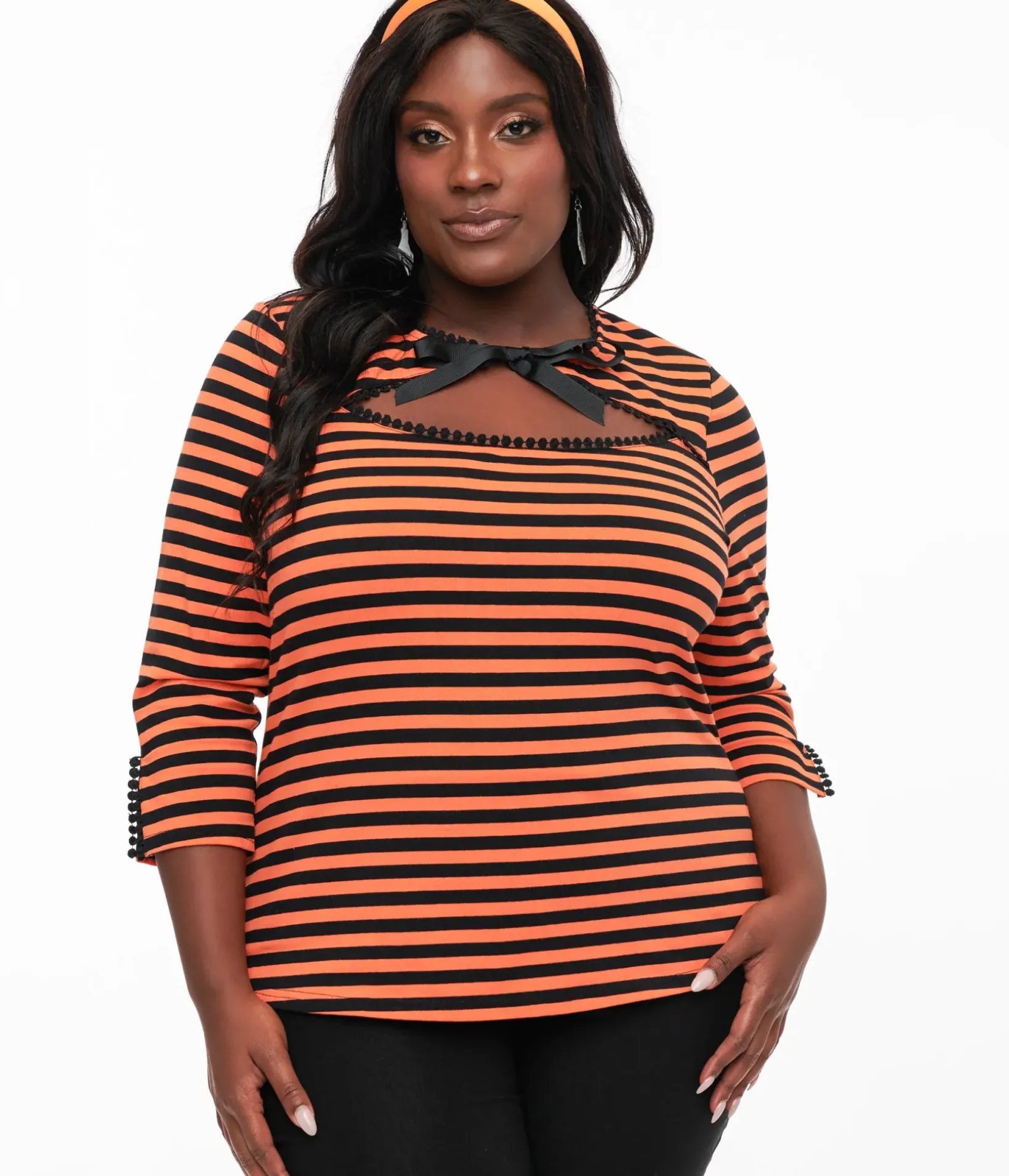 Unique Vintage All Things Black|Halloween>Plus Size 1950s Orange & Black Stripe Cutout Neck Tie Top