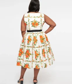 Unique Vintage Swing|Pocket Dresses>Plus Size 1950s Orange Fall Floral Sleeveless Swing Dress