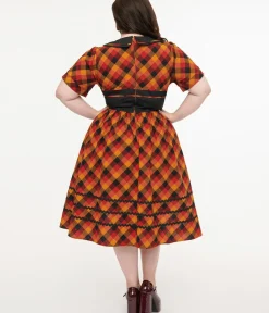 Unique Vintage Swing|Pocket Dresses>Plus Size 1950s Orange & Red Plaid Peter Pan Collar Swing Dress