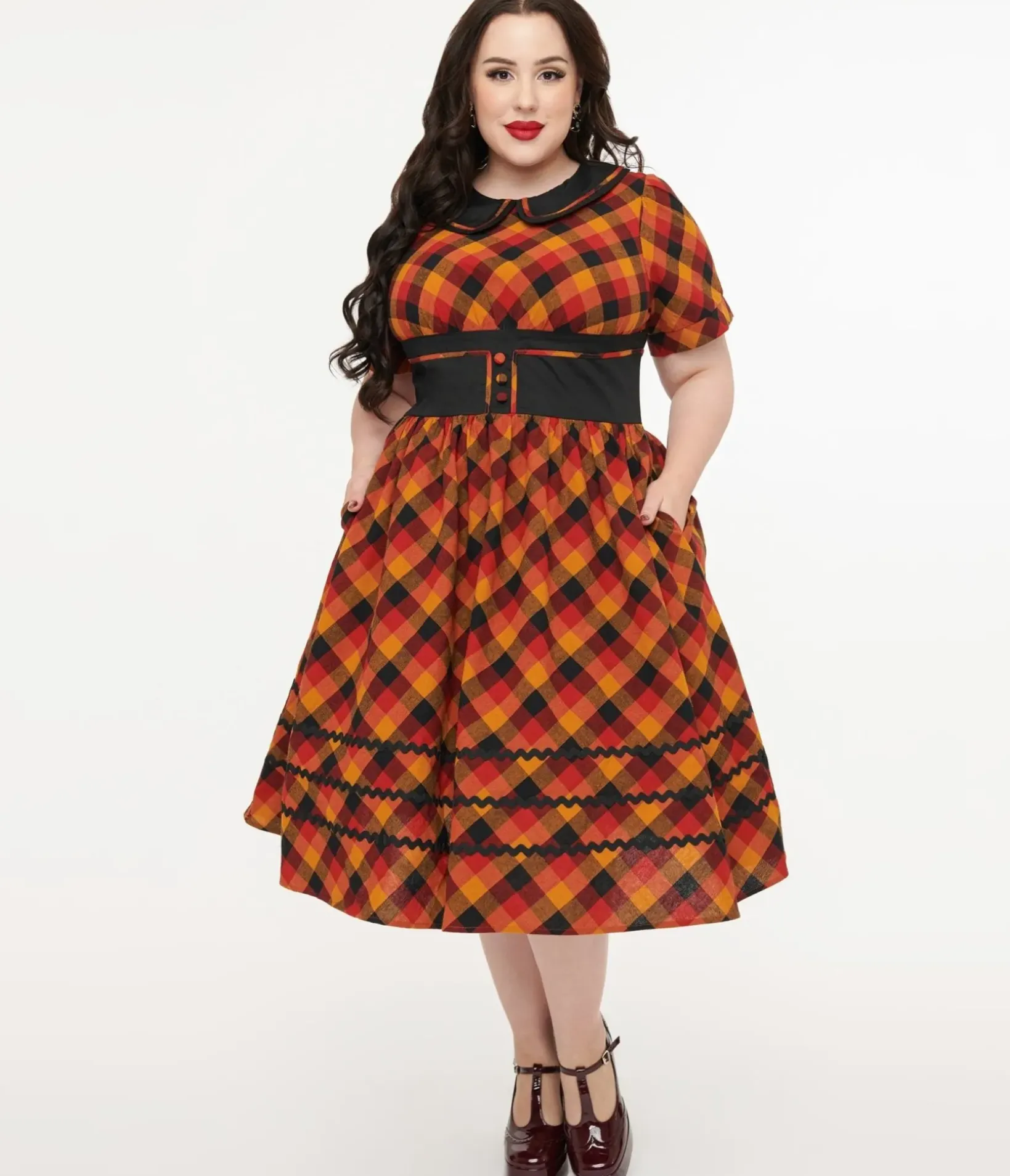 Unique Vintage Swing|Pocket Dresses>Plus Size 1950s Orange & Red Plaid Peter Pan Collar Swing Dress