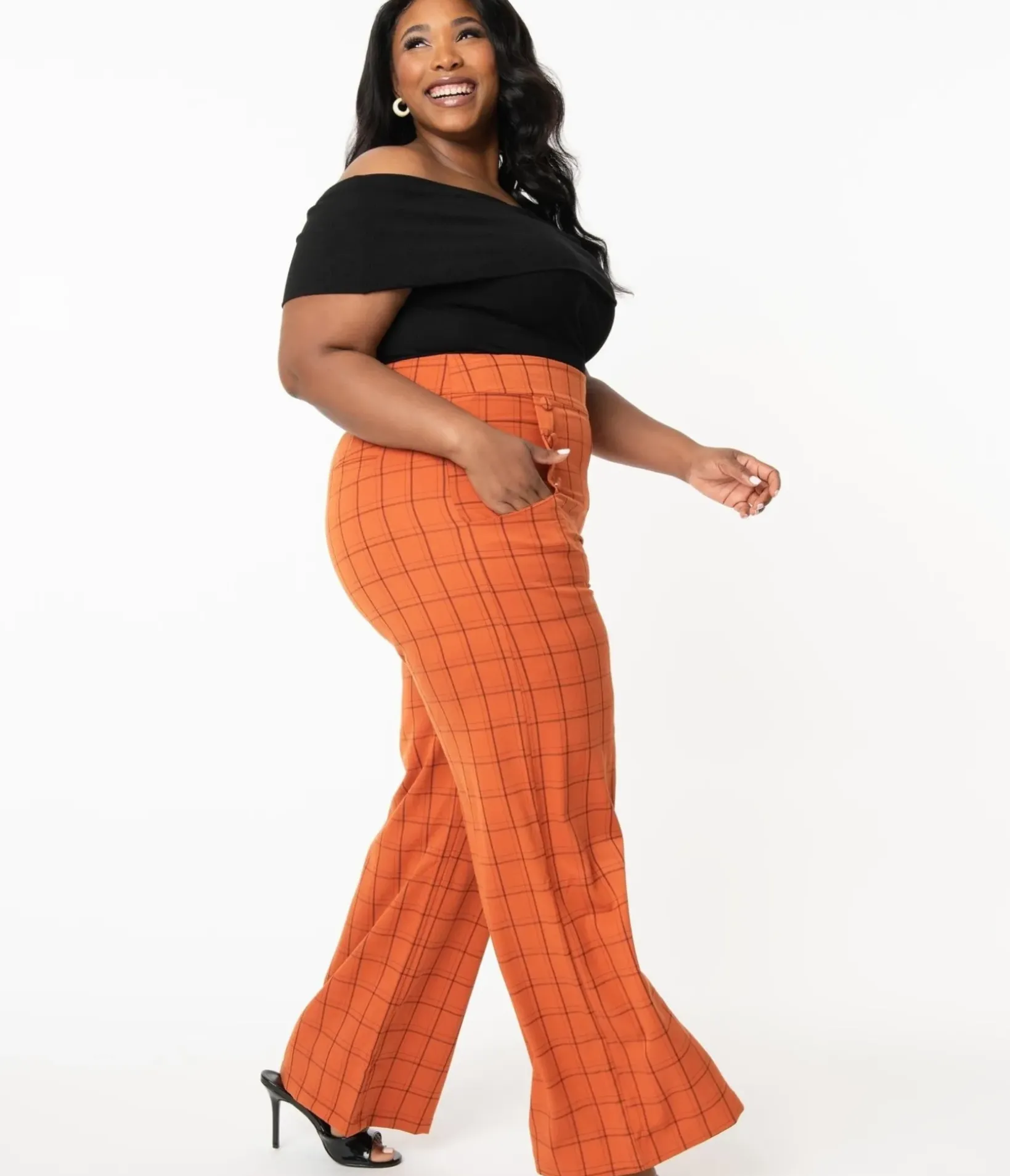 Unique Vintage Pants|Pants>Plus Size 1940s Orange Windowpane High Waist Ginger Pants