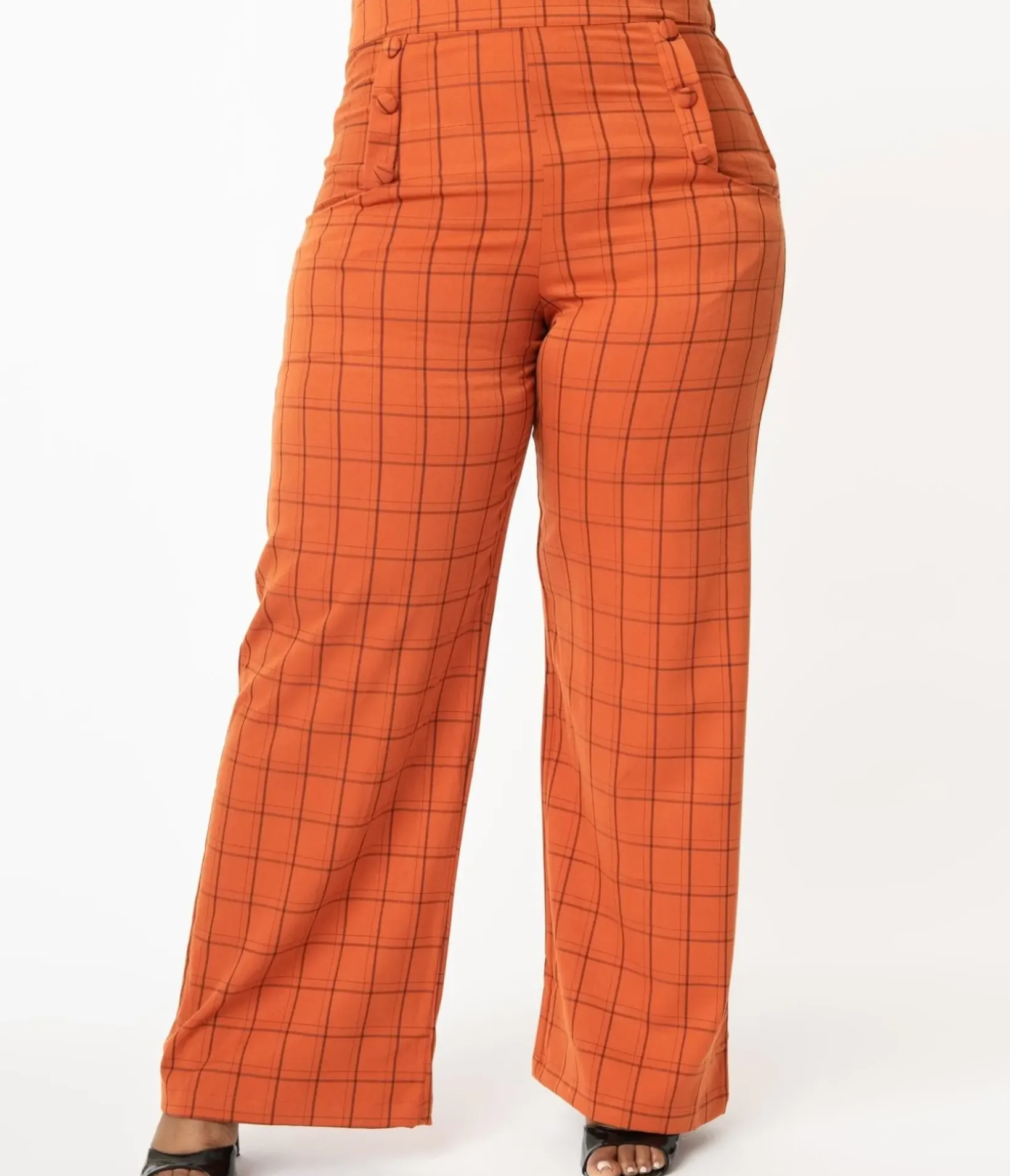 Unique Vintage Pants|Pants>Plus Size 1940s Orange Windowpane High Waist Ginger Pants