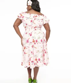 Unique Vintage Swing|Pocket Dresses>Plus Size 1950s Pink Floral Off The Shoulder Ruffle Swing Dress