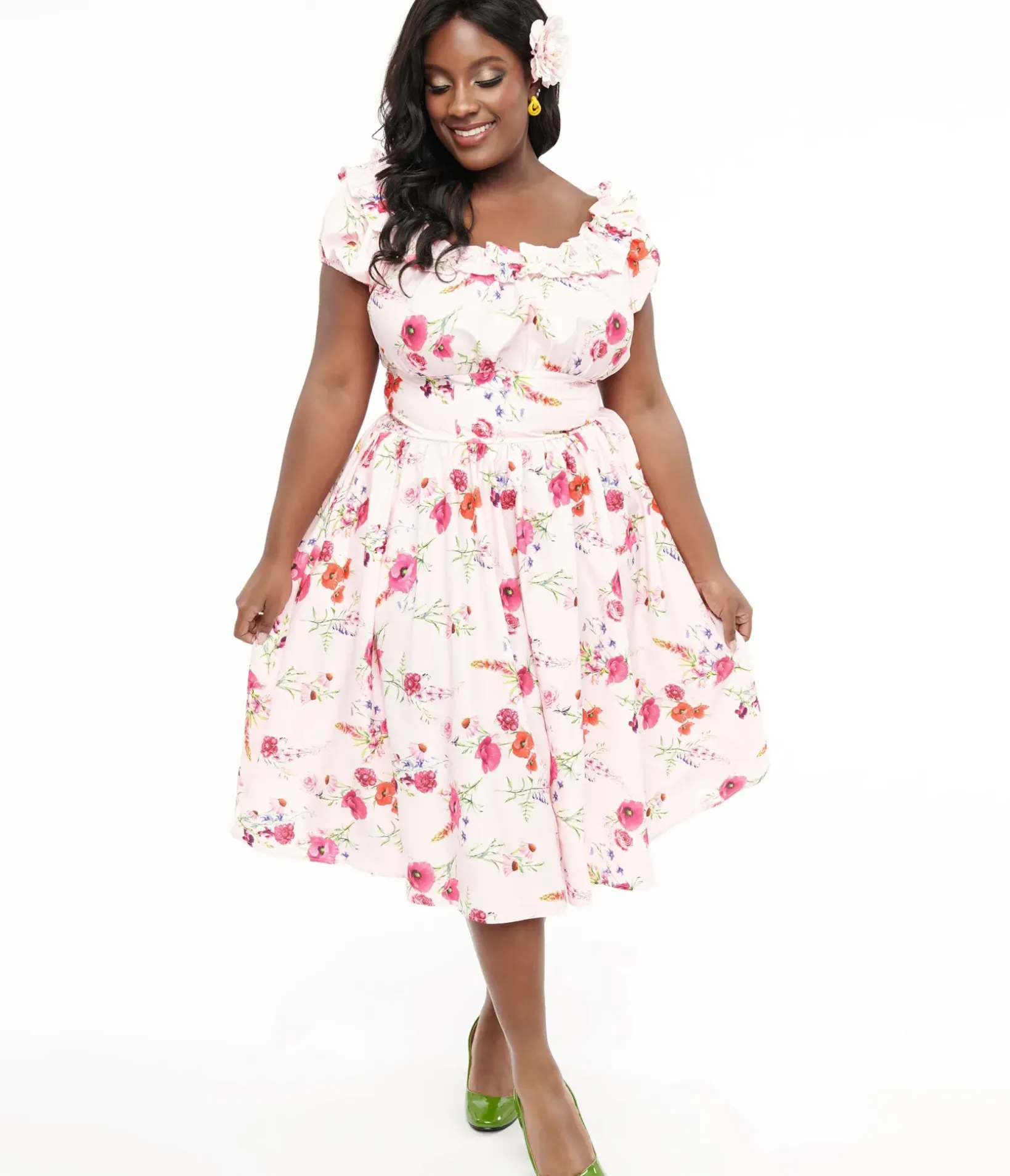 Unique Vintage Swing|Pocket Dresses>Plus Size 1950s Pink Floral Off The Shoulder Ruffle Swing Dress