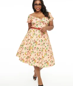 Unique Vintage Swing|Swing>Plus Size 1950s Pink Jack-O-Lantern Fruit Ohara Swing Dress