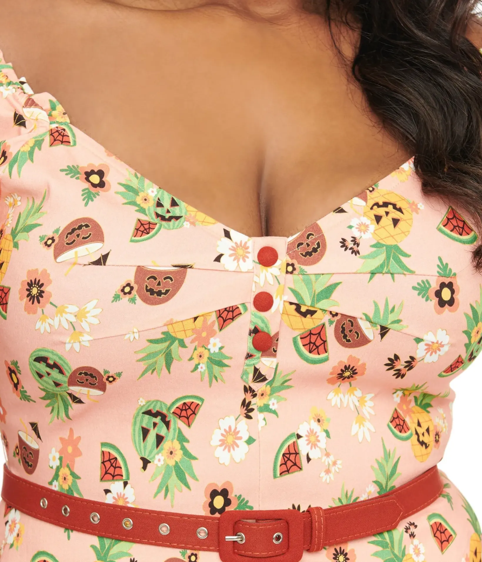 Unique Vintage Swing|Swing>Plus Size 1950s Pink Jack-O-Lantern Fruit Ohara Swing Dress
