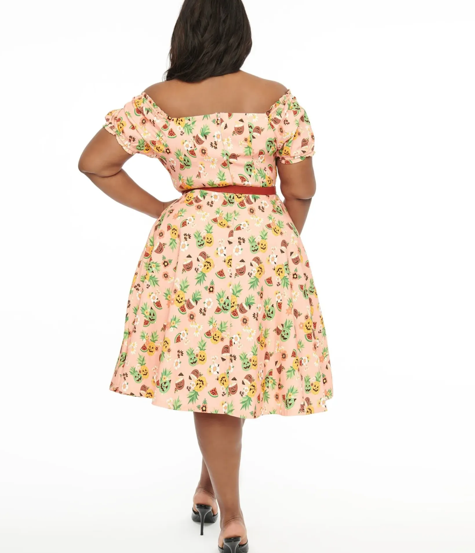Unique Vintage Swing|Swing>Plus Size 1950s Pink Jack-O-Lantern Fruit Ohara Swing Dress