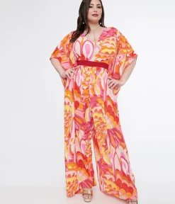Unique Vintage Caftans|Caftans>Plus Size 1970s Pink & Orange Psychedelic Print Caftan Jumpsuit