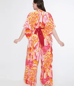 Unique Vintage Caftans|Caftans>Plus Size 1970s Pink & Orange Psychedelic Print Caftan Jumpsuit
