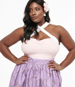 Unique Vintage Blouses|Blouses>Plus Size 1960s Pink & White Gingham Porter Top