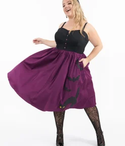 Unique Vintage Swing|Pocket Dresses>Plus Size 1950s Purple & Black Glitter Cat Swing Dress