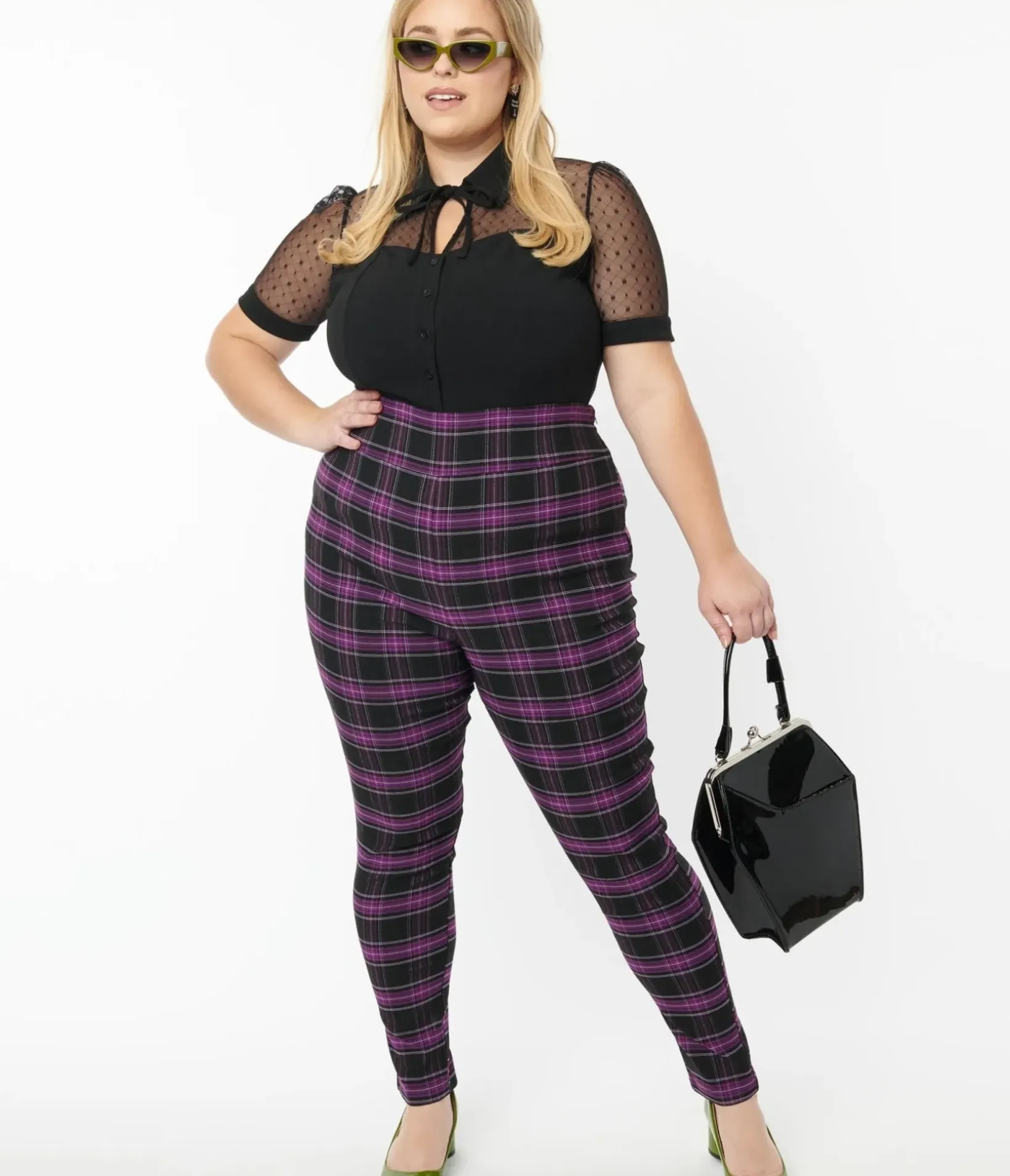 Unique Vintage Pants|Pants>Plus Size 1970s Purple & Black Plaid Rizzo Cigarette Pants