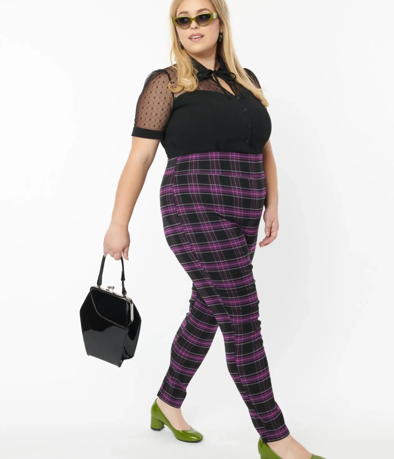 Unique Vintage Pants|Pants>Plus Size 1970s Purple & Black Plaid Rizzo Cigarette Pants