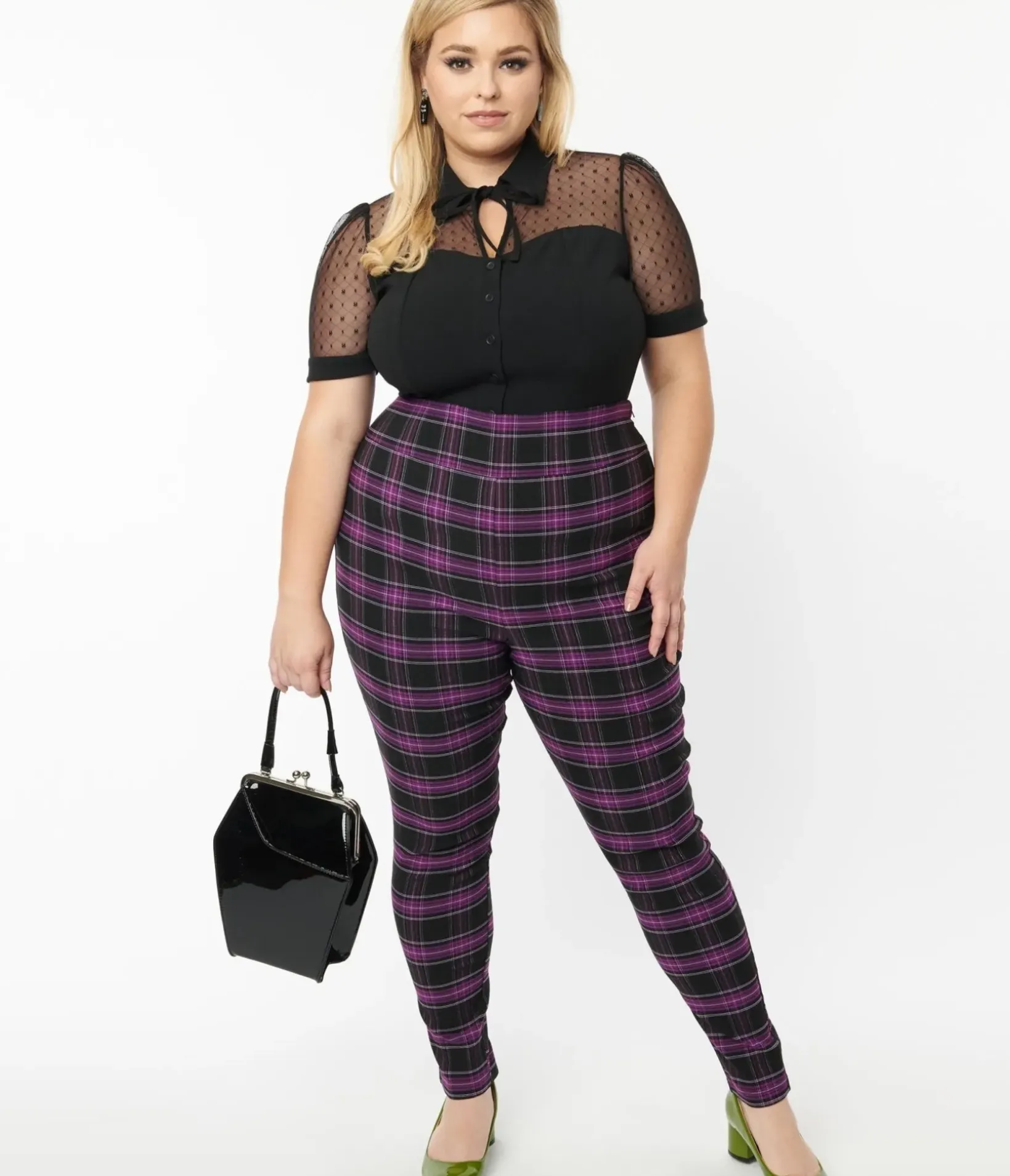 Unique Vintage Pants|Pants>Plus Size 1970s Purple & Black Plaid Rizzo Cigarette Pants