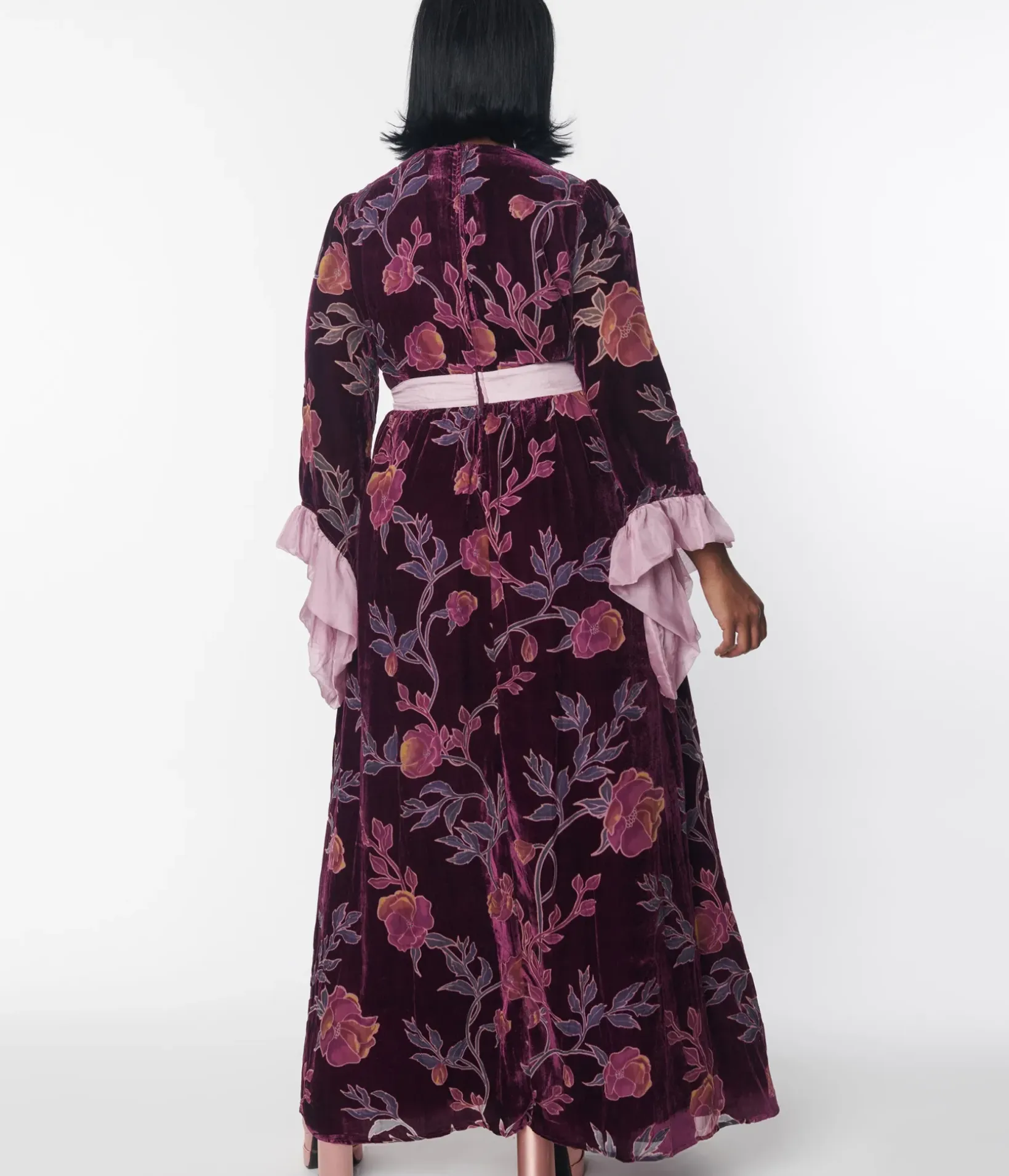 Unique Vintage Maxi|Midi & Maxi>Plus Size 1970s Purple Floral Burnout Velvet Maxi Dress