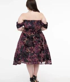 Unique Vintage Fit & Flare|Pocket Dresses>Plus Size 1950s Purple Floral Velvet Burnout Off Shoulder Flare Dress