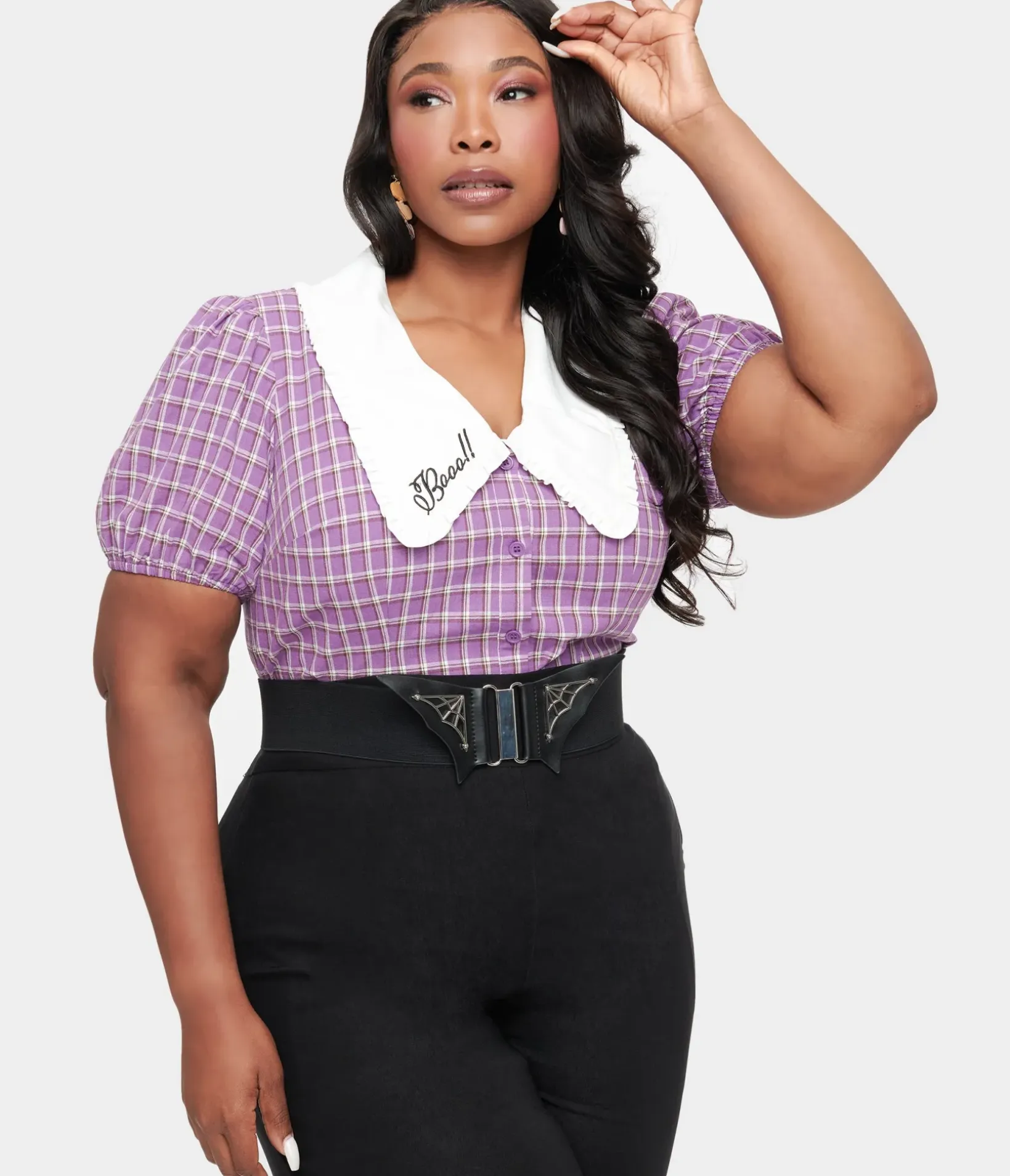 Unique Vintage Blouses|Blouses>Plus Size 1930s Purple Plaid Oversized Collar Blouse