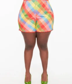 Unique Vintage Shorts|Shorts>Plus Size 1950s Rainbow Madras Plaid Scallop Trim Shorts