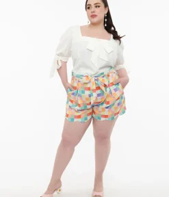 Unique Vintage Shorts|Shorts>Plus Size 1940s Rainbow Pastel Check Cotton High Waist Shorts