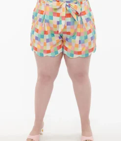 Unique Vintage Shorts|Shorts>Plus Size 1940s Rainbow Pastel Check Cotton High Waist Shorts