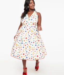 Unique Vintage Swing|Pocket Dresses>Plus Size 1950s Rainbow Polka Dot Cotton Halter Swing Dress