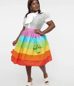 Unique Vintage Skirts|Skirts>Plus Size 1950s Rainbow Stripe Gellar Swing Skirt